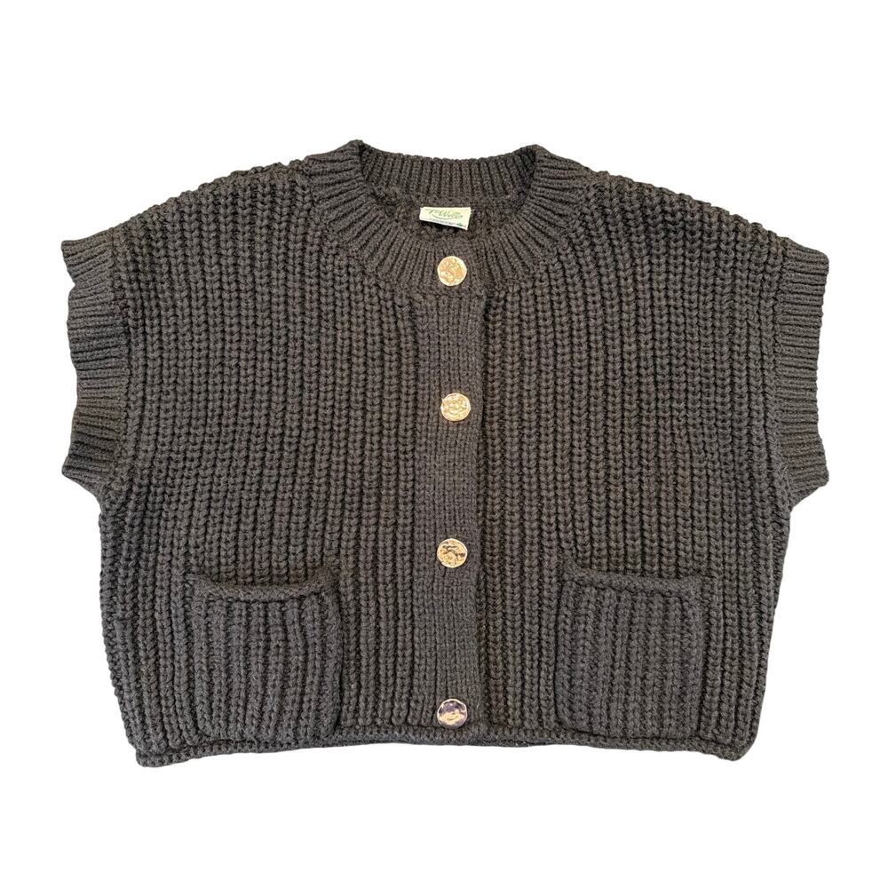 NewWin Chunky Knit Sweater Vest Cardigan Black Button Front Size Large